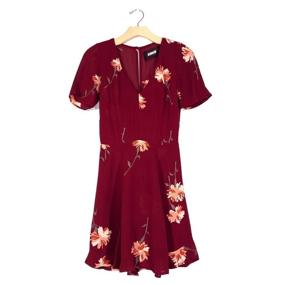 REFORMATION Gabriella Short Sleeve V-Neck Mini Dress Auburn Red Floral Print 0 - Picture 1 of 9